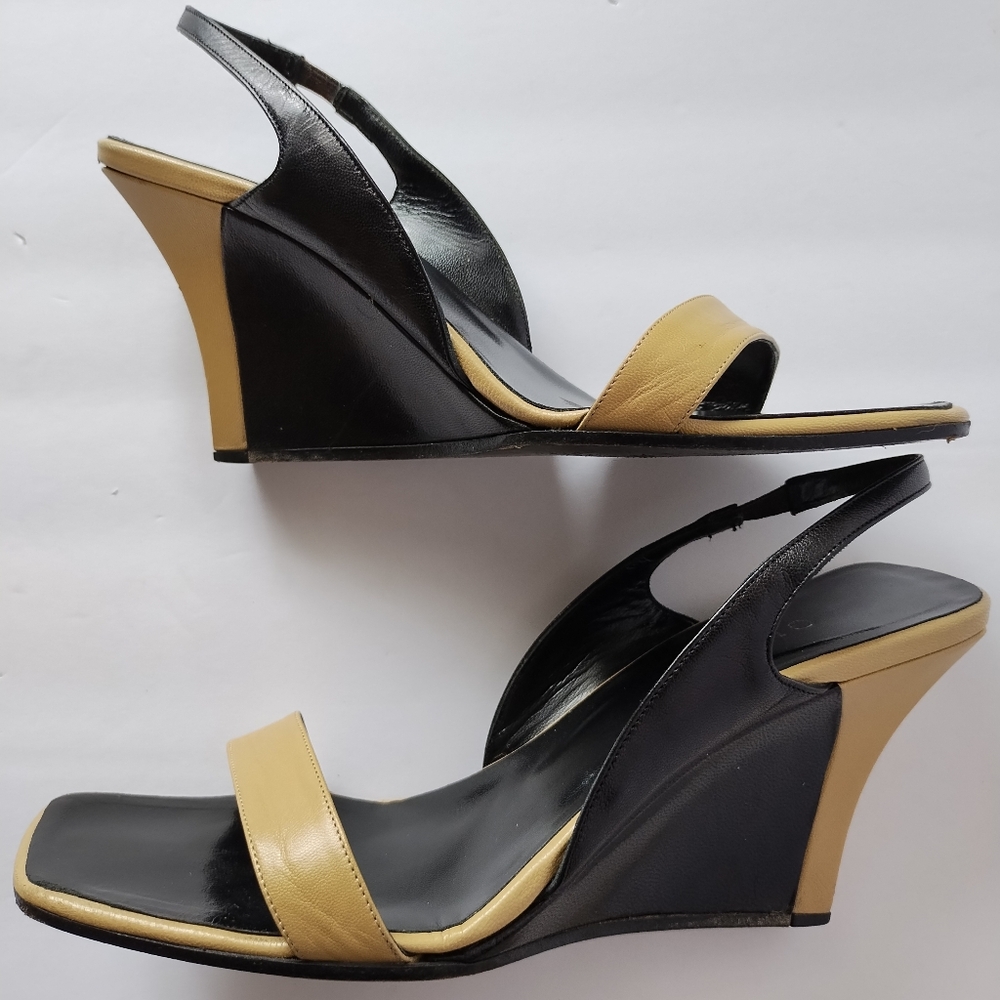Gucci Black and Camel Leather Wedge Heels Women's Size 8
